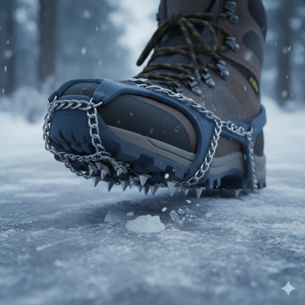 Close-up of a sturdy winter boot with steel traction spikes on a frozen path.